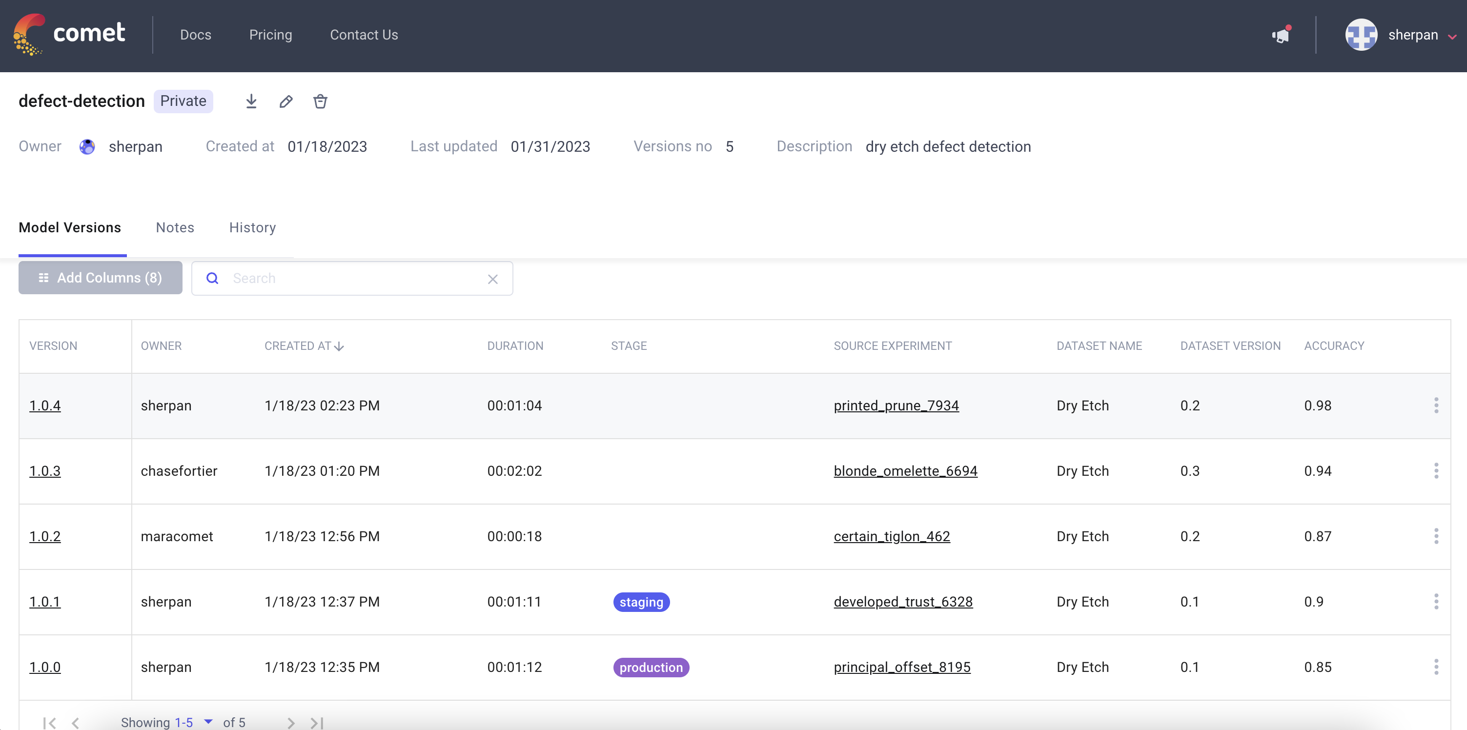 View of Comet's UI for Model Registry