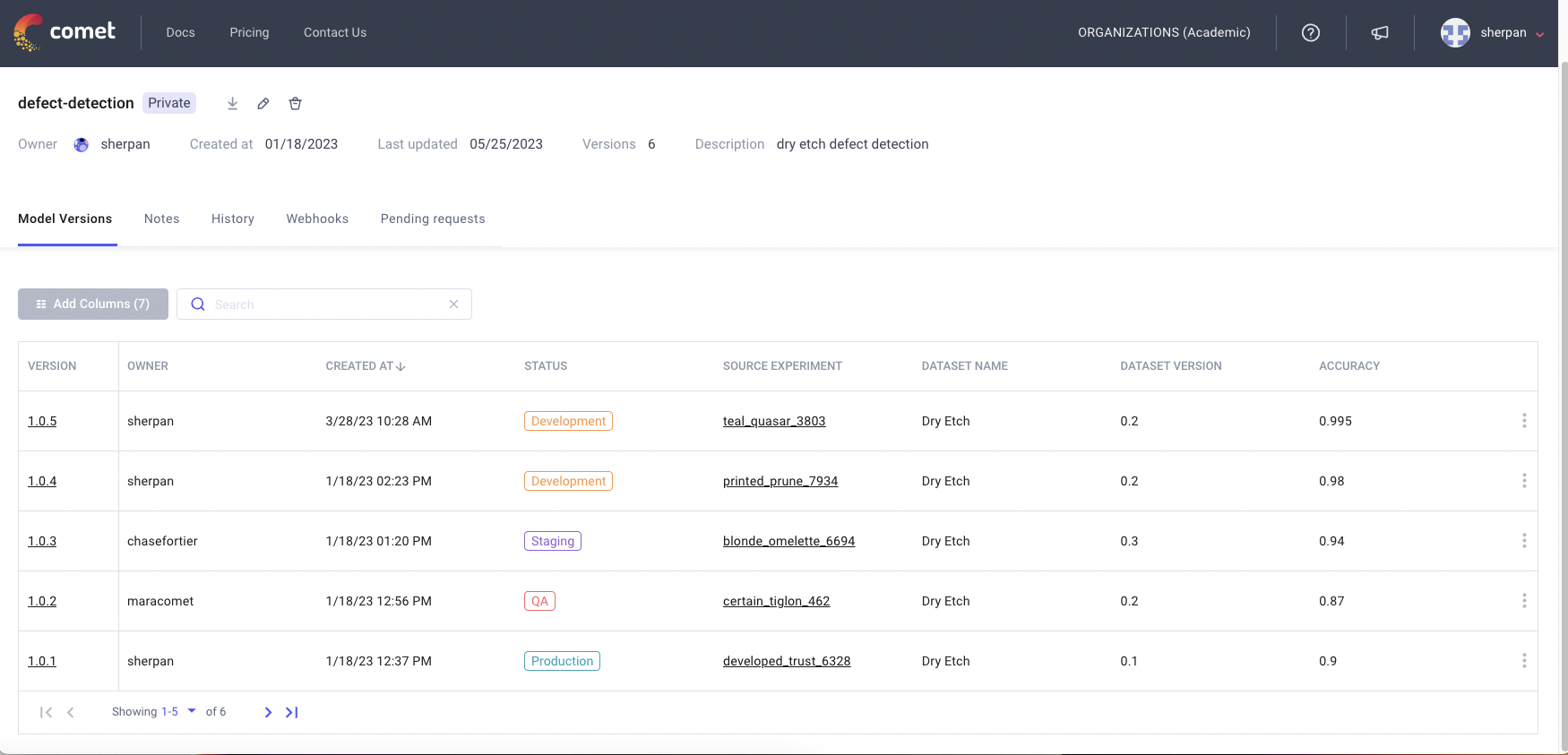 model versions screen in Comet