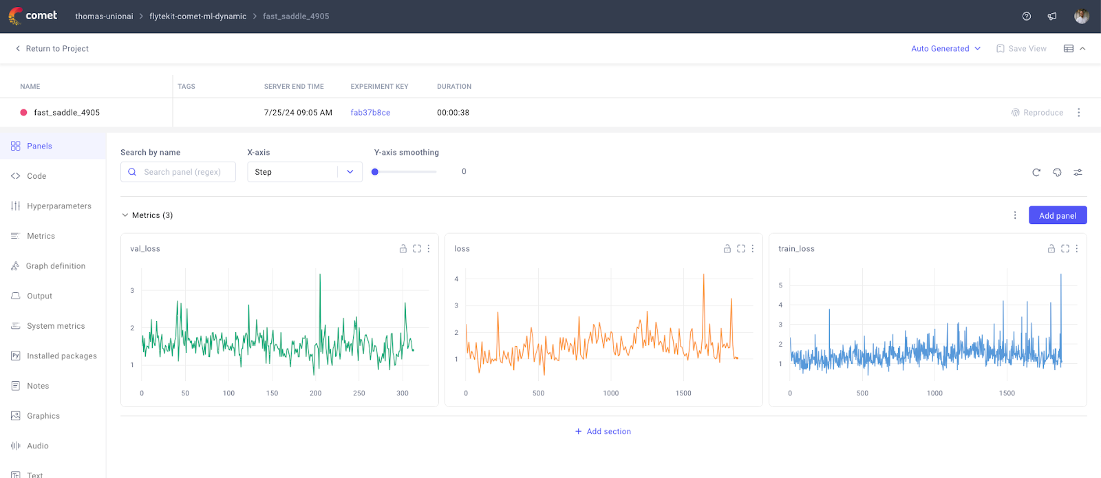 ui screenshot of charts visualizing val_loss, loss, and train_loss in Comet for training jobs run in Flyte 