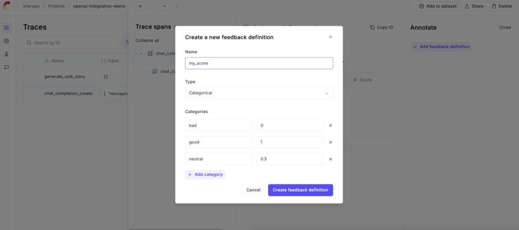 product screenshot showing how to define a custom llm eval metric for openai evals