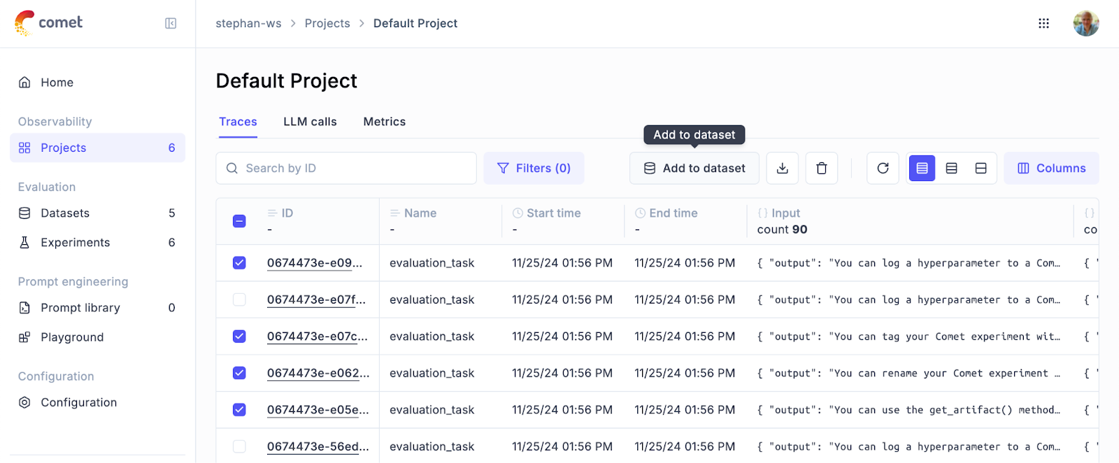 screenshot showing hwo to create a dataset from a trace for llm monitoring 